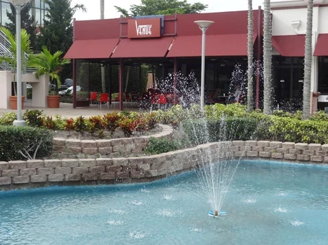 Outdoor fountain and landscaped courtyard in front of commercial storefronts