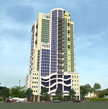 High-rise building with balconies, a curved lower facade, and palm trees