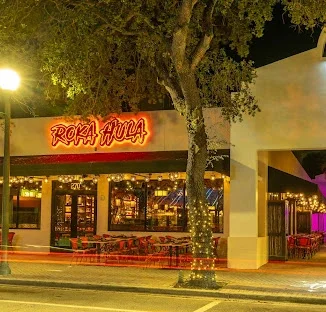 Roka Hula restaurant and bar frontage on Atlantic Avenue at night