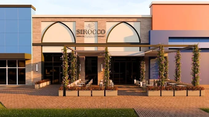 Sirocco Mediterranean Restaurant and Lounge exterior with arched facade details