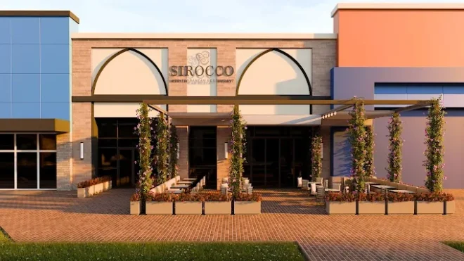 Sirocco Mediterranean Restaurant and Lounge exterior with arched facade details